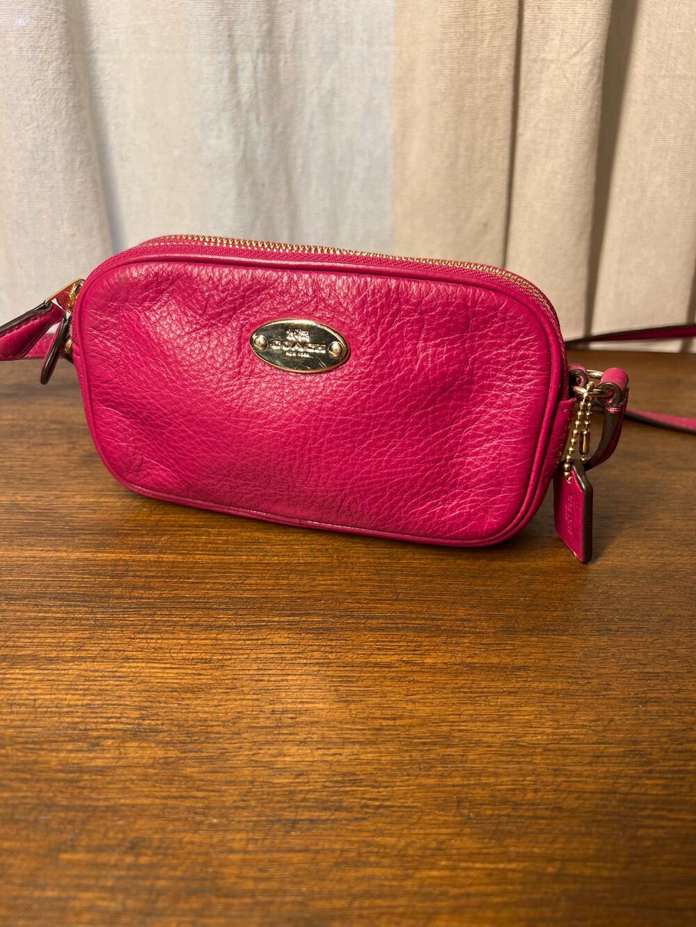 Coach Camera Crossbody bag mini pebbled leather double zip bag magenta pink